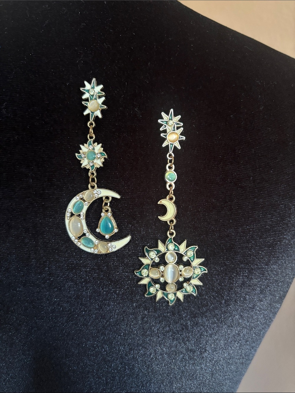 Celestial Moon & Sun Dangle Earrings - Green and Gold